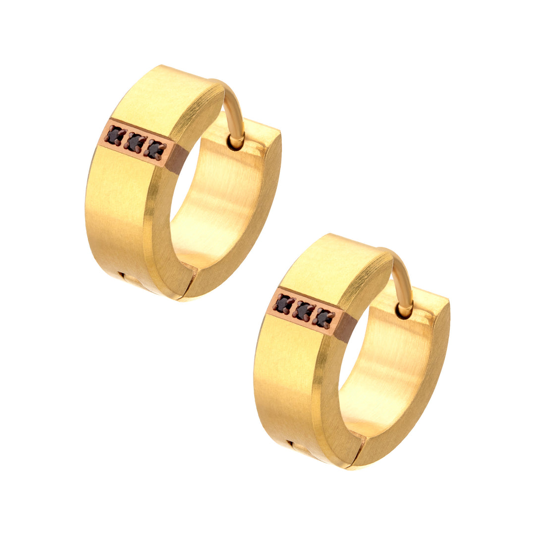 18Kt Gold IP Steel Matte Finish Huggie Earrings with Genuine Black Sapphire