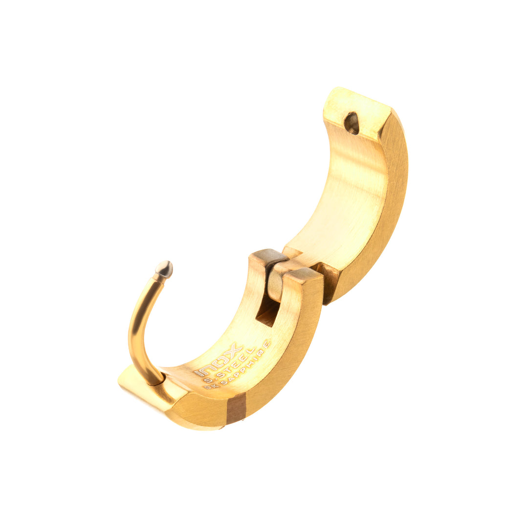 18Kt Gold IP Steel Matte Finish Huggie Earrings with Genuine Black Sapphire