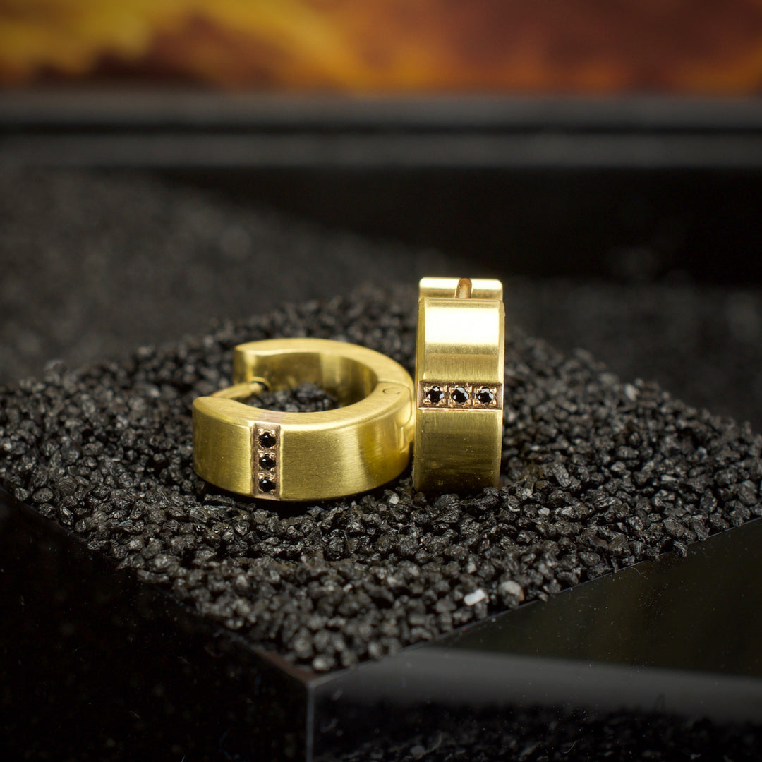 18Kt Gold IP Steel Matte Finish Huggie Earrings with Genuine Black Sapphire