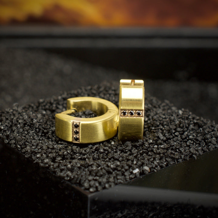 18Kt Gold IP Steel Matte Finish Huggie Earrings with Genuine Black Sapphire