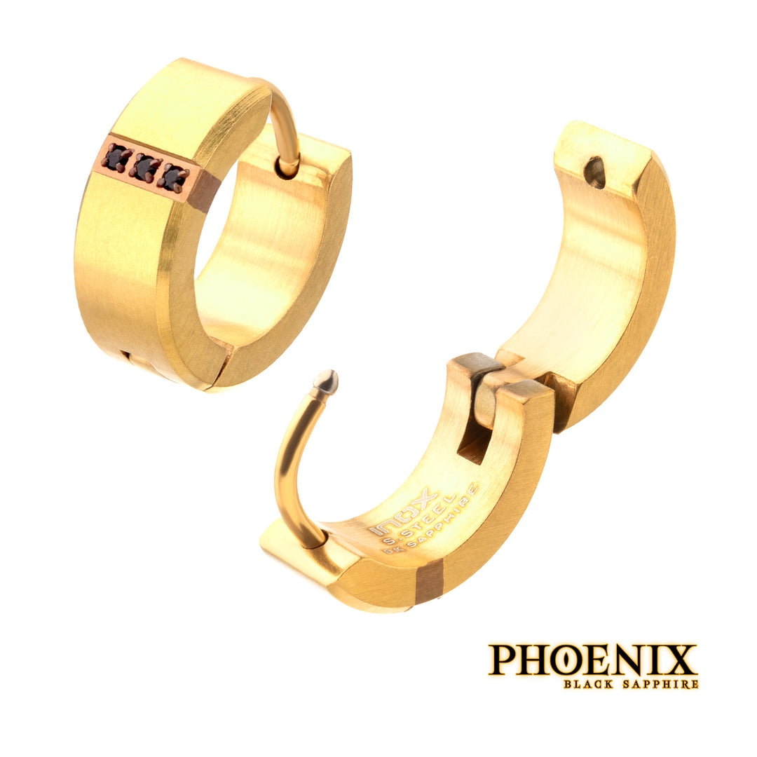 18Kt Gold IP Steel Matte Finish Huggie Earrings with Genuine Black Sapphire