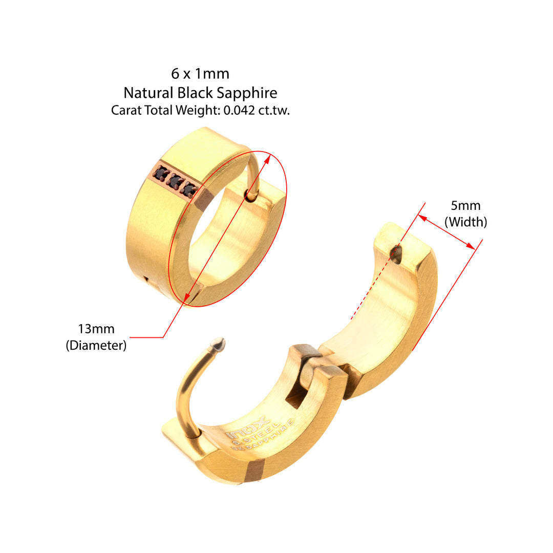 18Kt Gold IP Steel Matte Finish Huggie Earrings with Genuine Black Sapphire