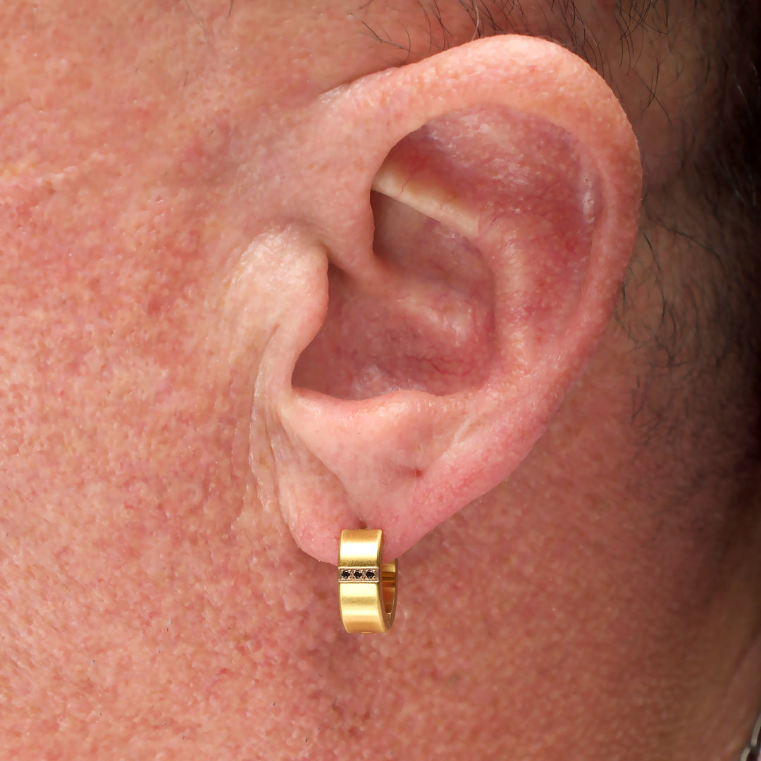 18Kt Gold IP Steel Matte Finish Huggie Earrings with Genuine Black Sapphire