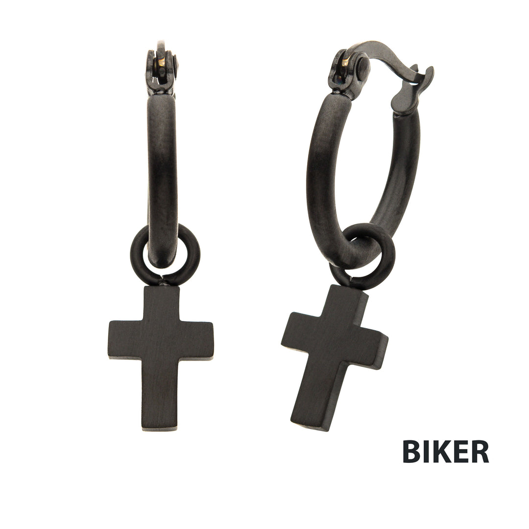 Matte Black IP Hoop with Cross Dangle Earrings