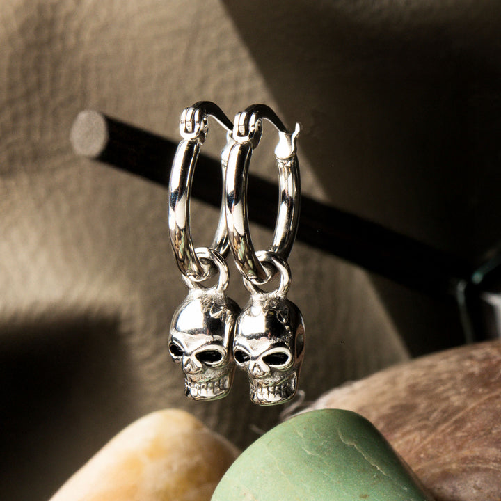 Stainless Steel Hoop with Skull Dangle Earrings