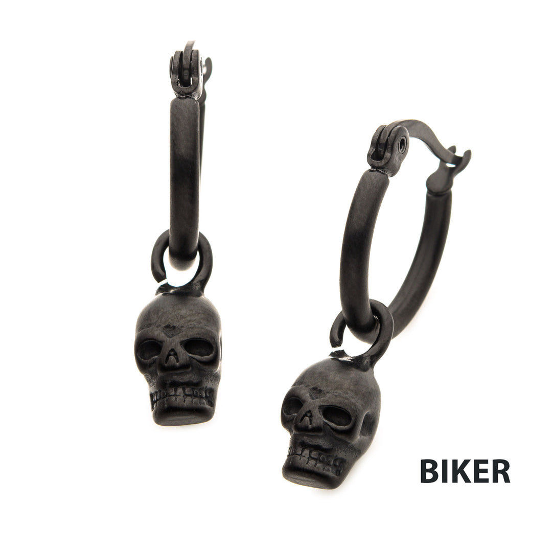 Matte Black IP Hoop with Skull Dangle Earrings