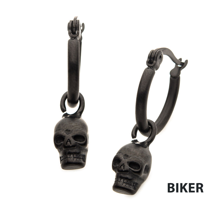 Matte Black IP Hoop with Skull Dangle Earrings