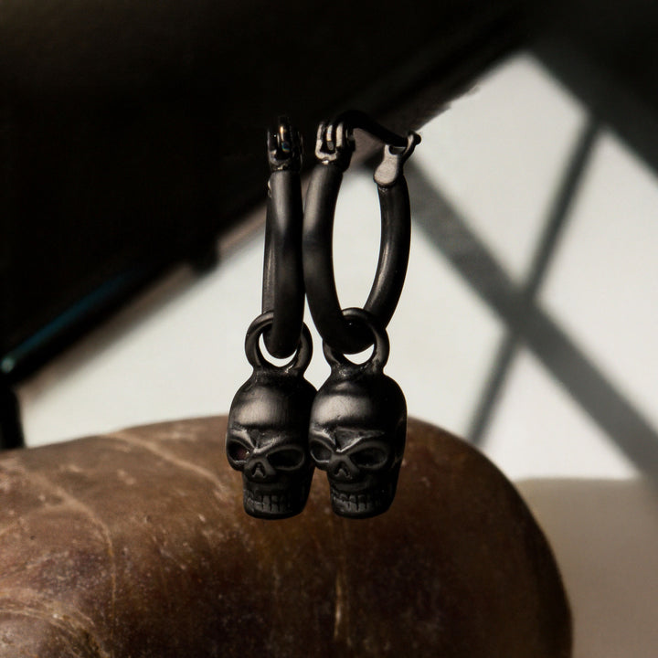 Matte Black IP Hoop with Skull Dangle Earrings