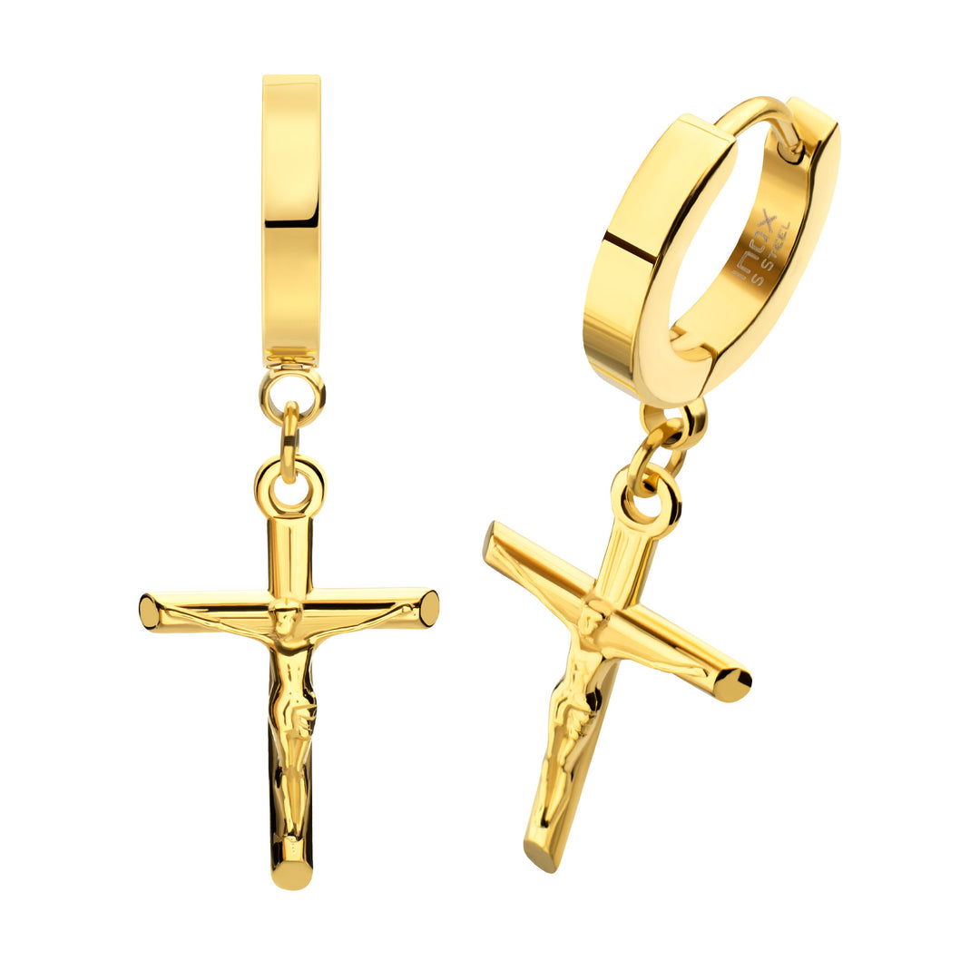 18Kt Gold IP Steel Jesus Christ Crucifix Huggie Earrings