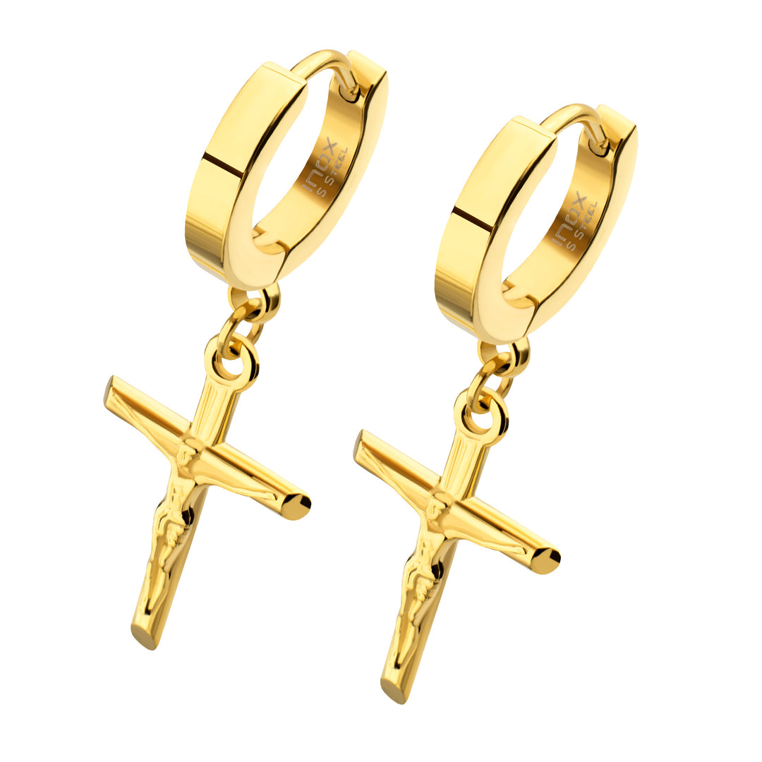 18Kt Gold IP Steel Jesus Christ Crucifix Huggie Earrings