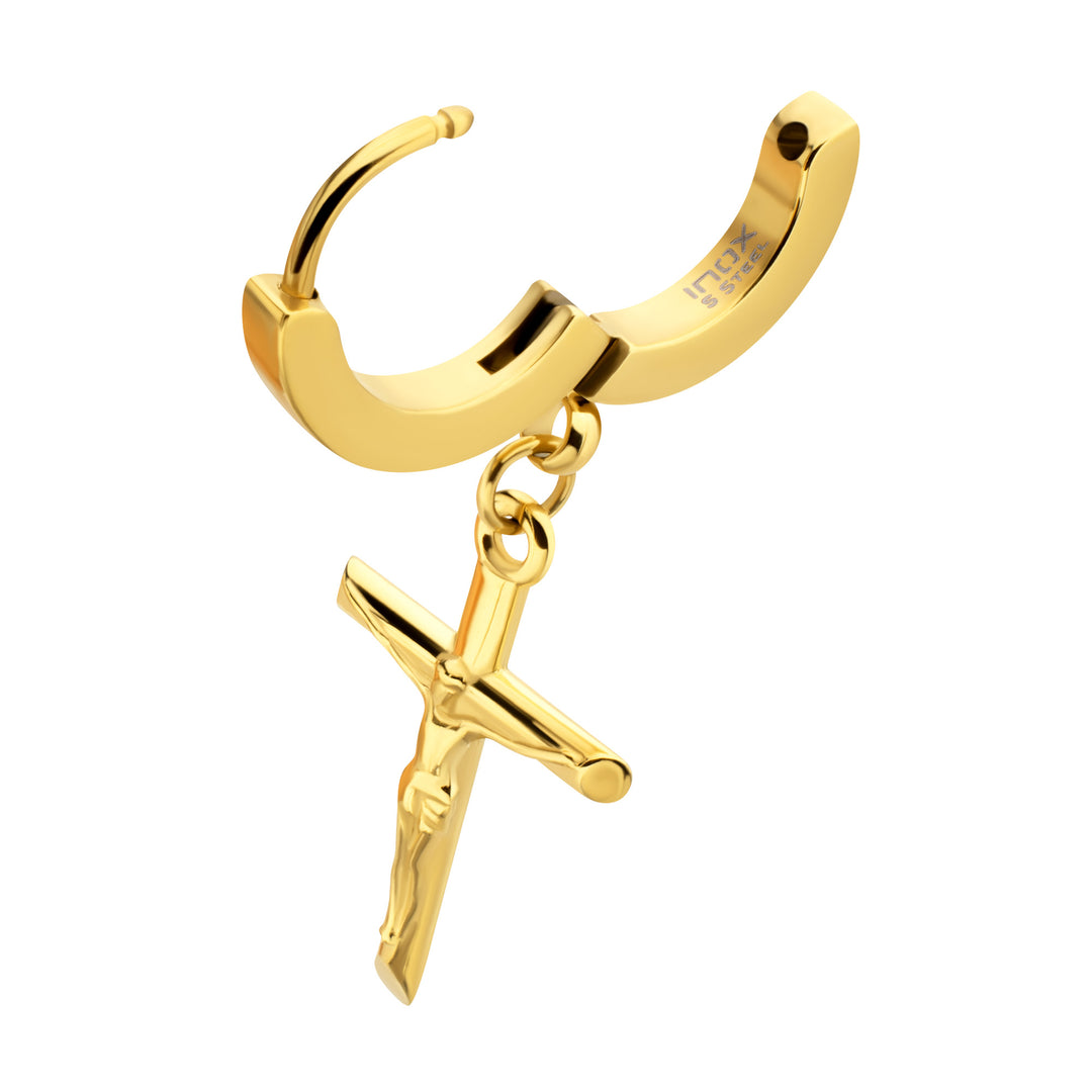 18Kt Gold IP Steel Jesus Christ Crucifix Huggie Earrings