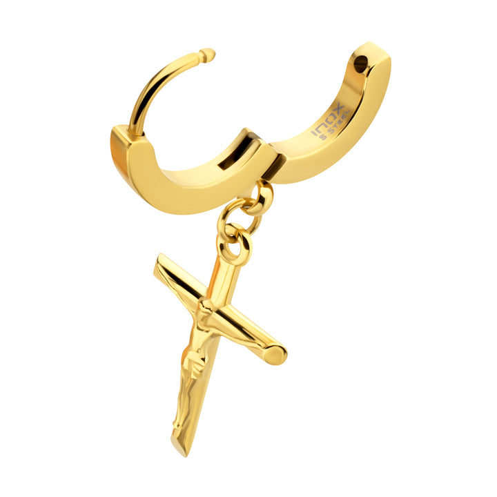 18Kt Gold IP Steel Jesus Christ Crucifix Huggie Earrings