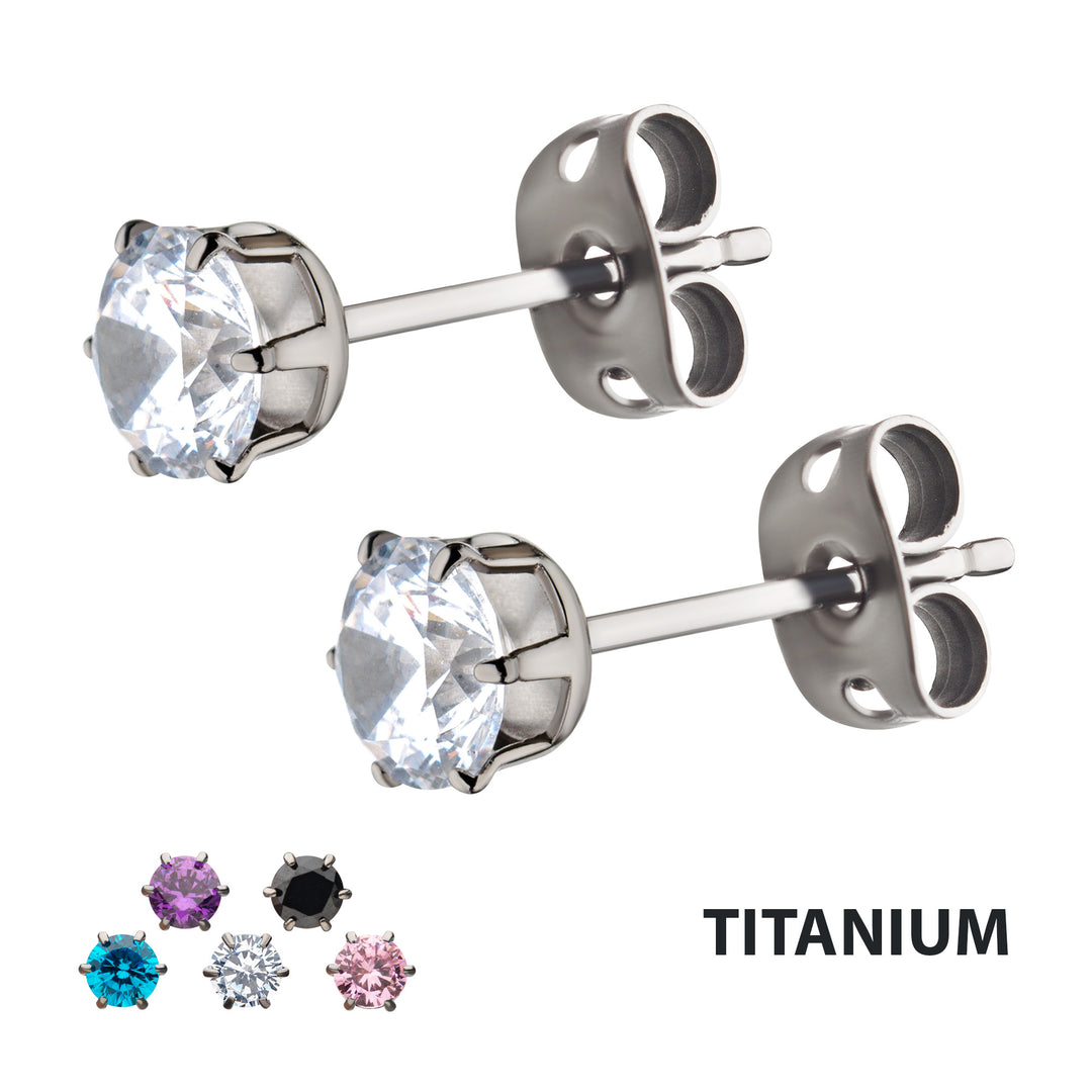 20g Titanium Post and Butterfly Back with 6-Prong Gem Stud Earrings