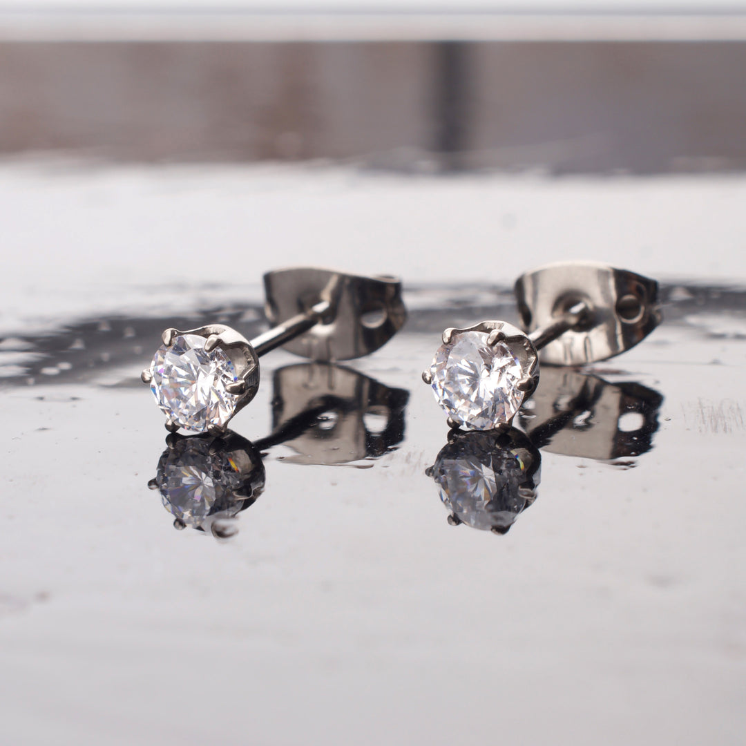 20g Titanium Post and Butterfly Back with 6-Prong Gem Stud Earrings