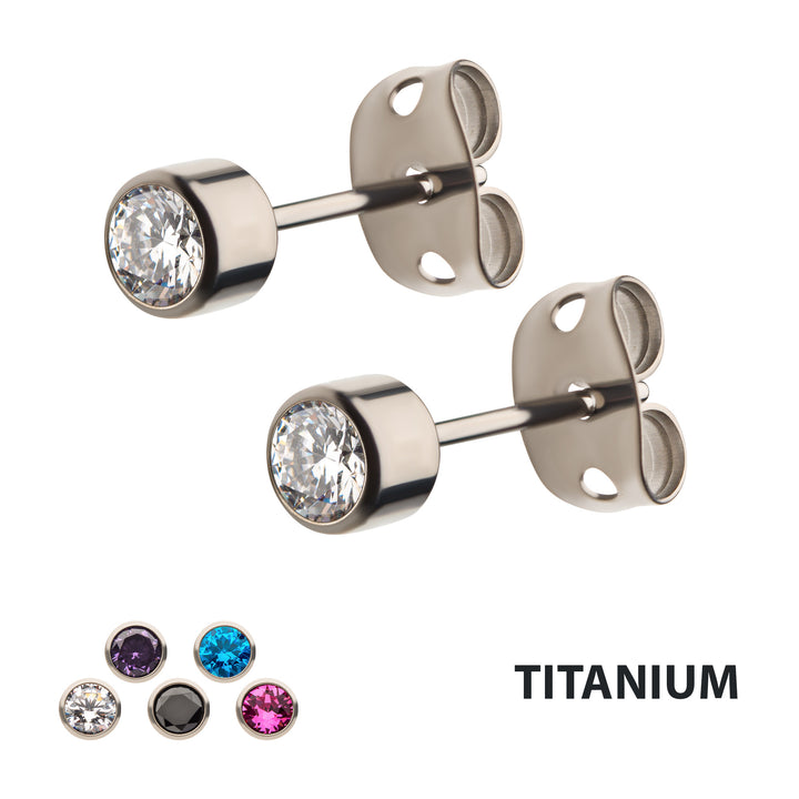20g Titanium Post and Butterfly Back with Bezel Set Gem Stud Earrings