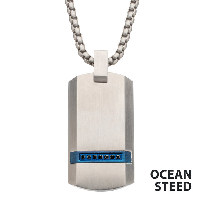OCEAN STEED: Matte Finish Steel Blue Beveled Strip with Black Sapphire Dog Tag Pendant