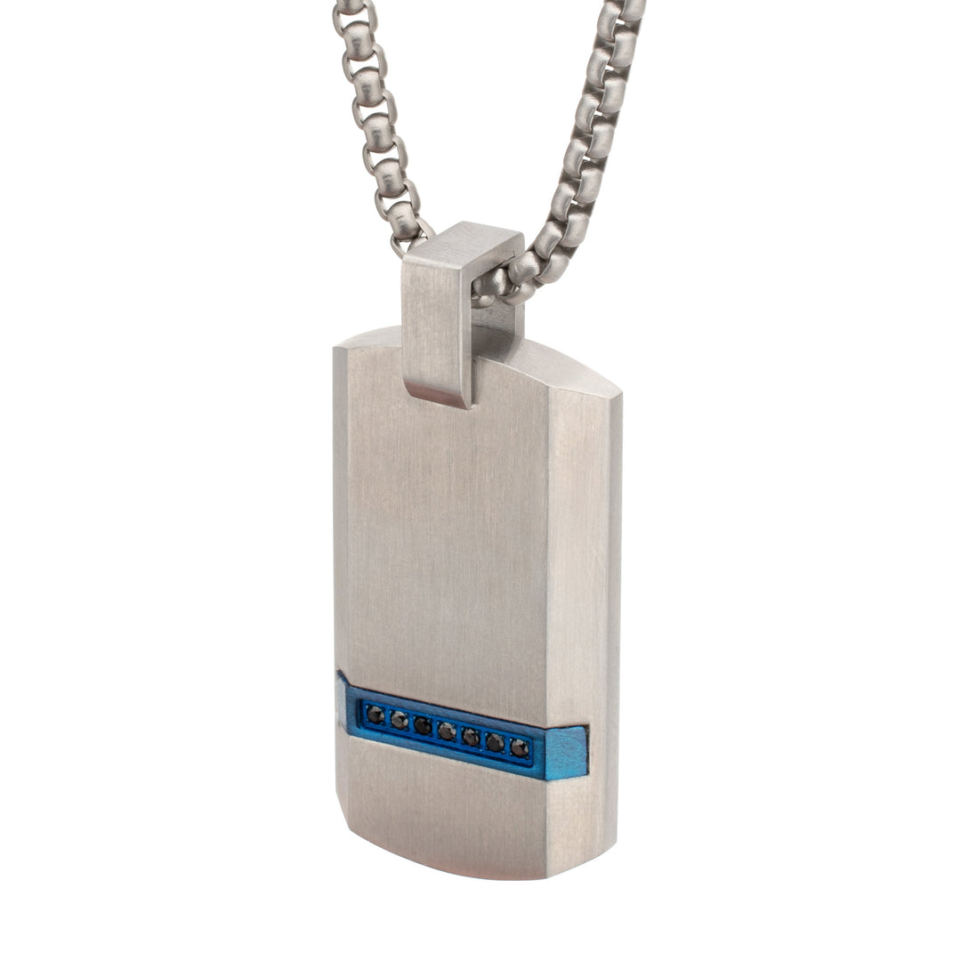 OCEAN STEED: Matte Finish Steel Blue Beveled Strip with Black Sapphire Dog Tag Pendant