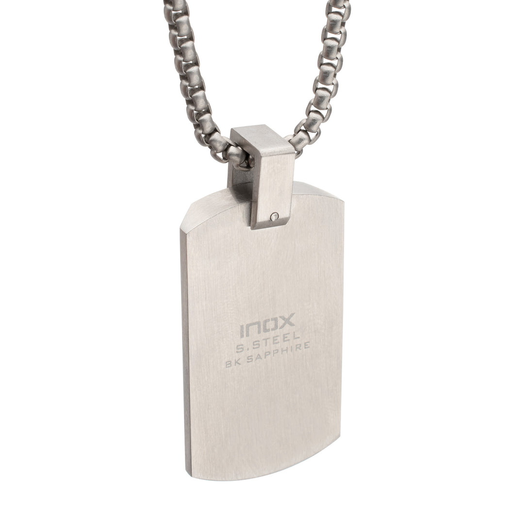 OCEAN STEED: Matte Finish Steel Blue Beveled Strip with Black Sapphire Dog Tag Pendant