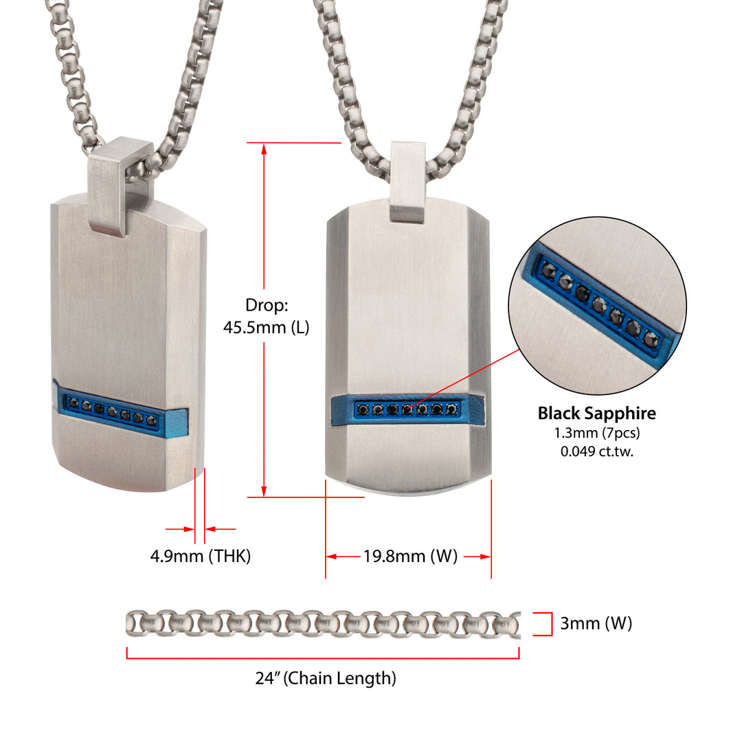 OCEAN STEED: Matte Finish Steel Blue Beveled Strip with Black Sapphire Dog Tag Pendant