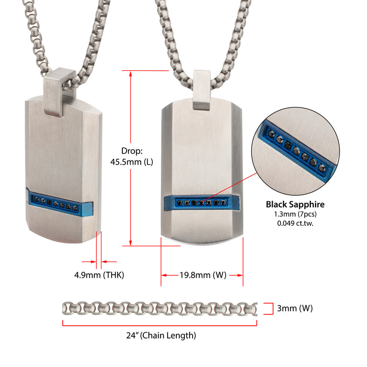 OCEAN STEED: Matte Finish Steel Blue Beveled Strip with Black Sapphire Dog Tag Pendant
