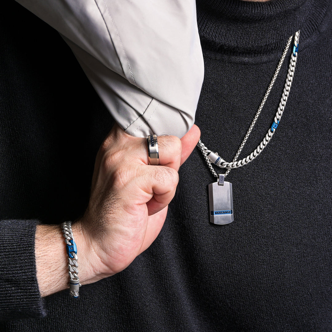OCEAN STEED: Matte Finish Steel Blue Beveled Strip with Black Sapphire Dog Tag Pendant