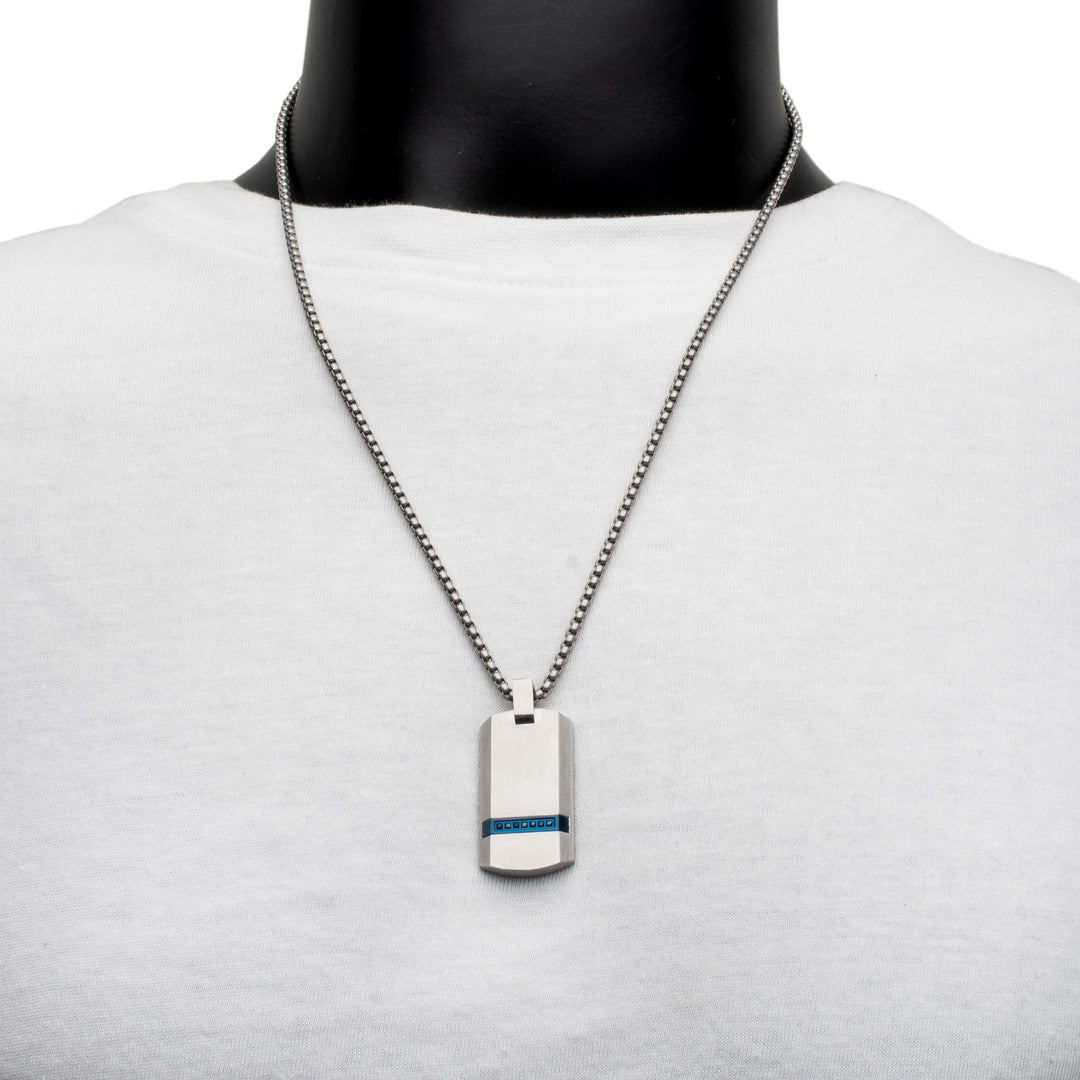 OCEAN STEED: Matte Finish Steel Blue Beveled Strip with Black Sapphire Dog Tag Pendant