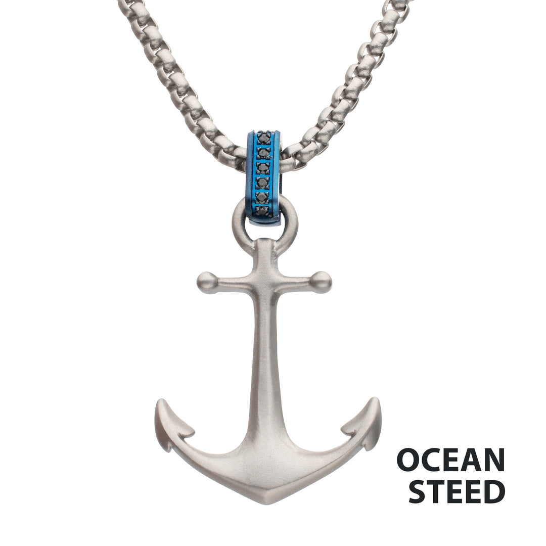 OCEAN STEED: Matte Finish Steel Blue Bail with Black Sapphire Anchor Pendant