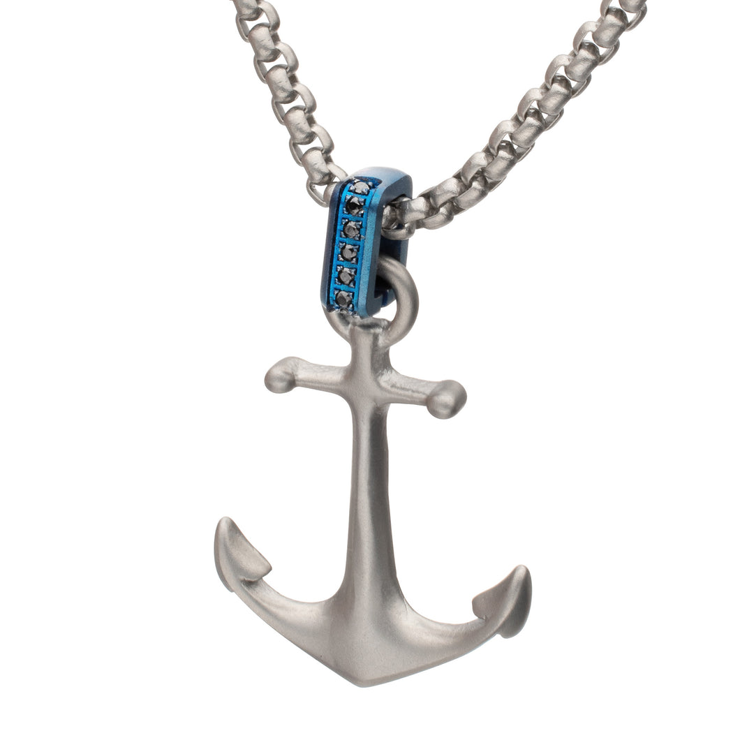 OCEAN STEED: Matte Finish Steel Blue Bail with Black Sapphire Anchor Pendant