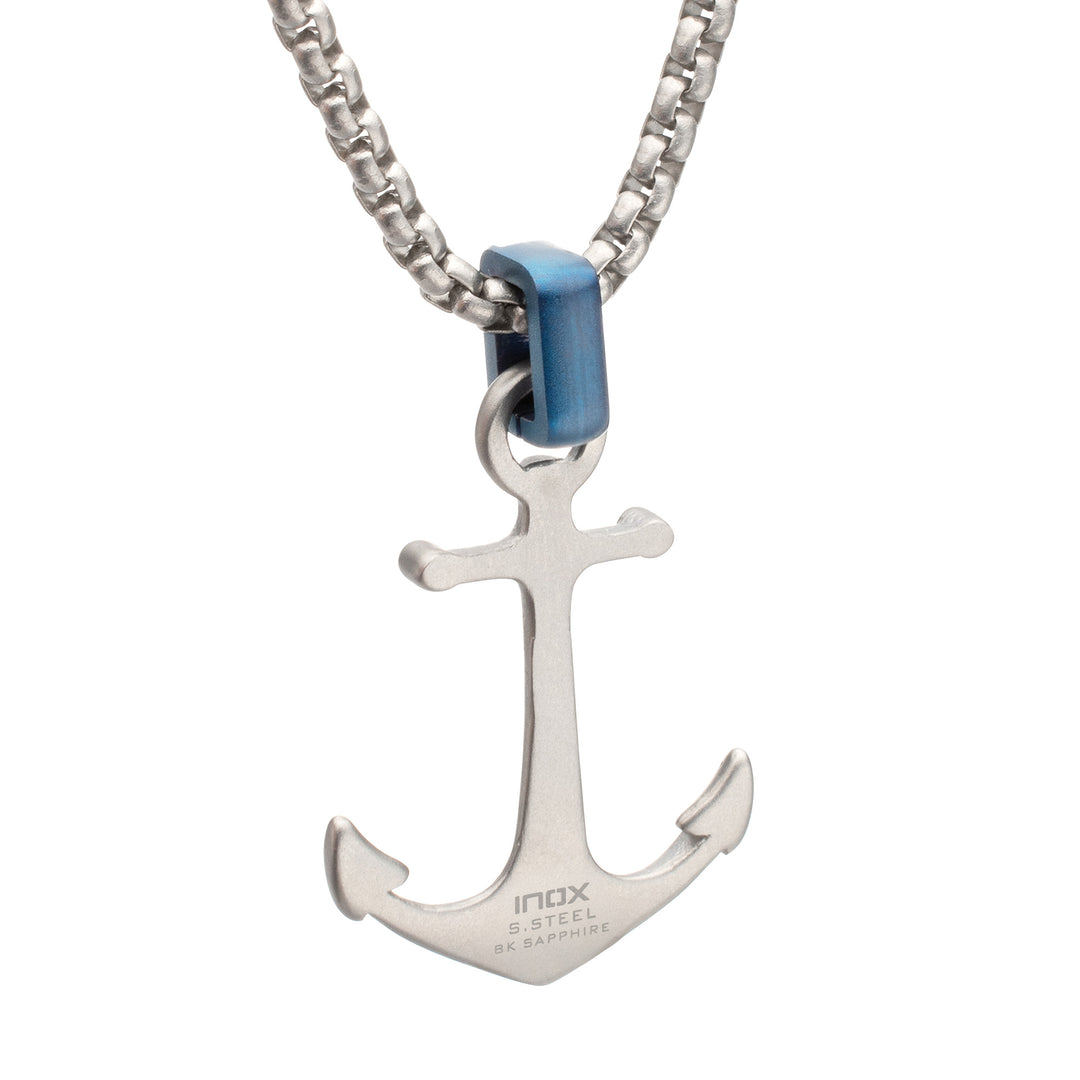 OCEAN STEED: Matte Finish Steel Blue Bail with Black Sapphire Anchor Pendant