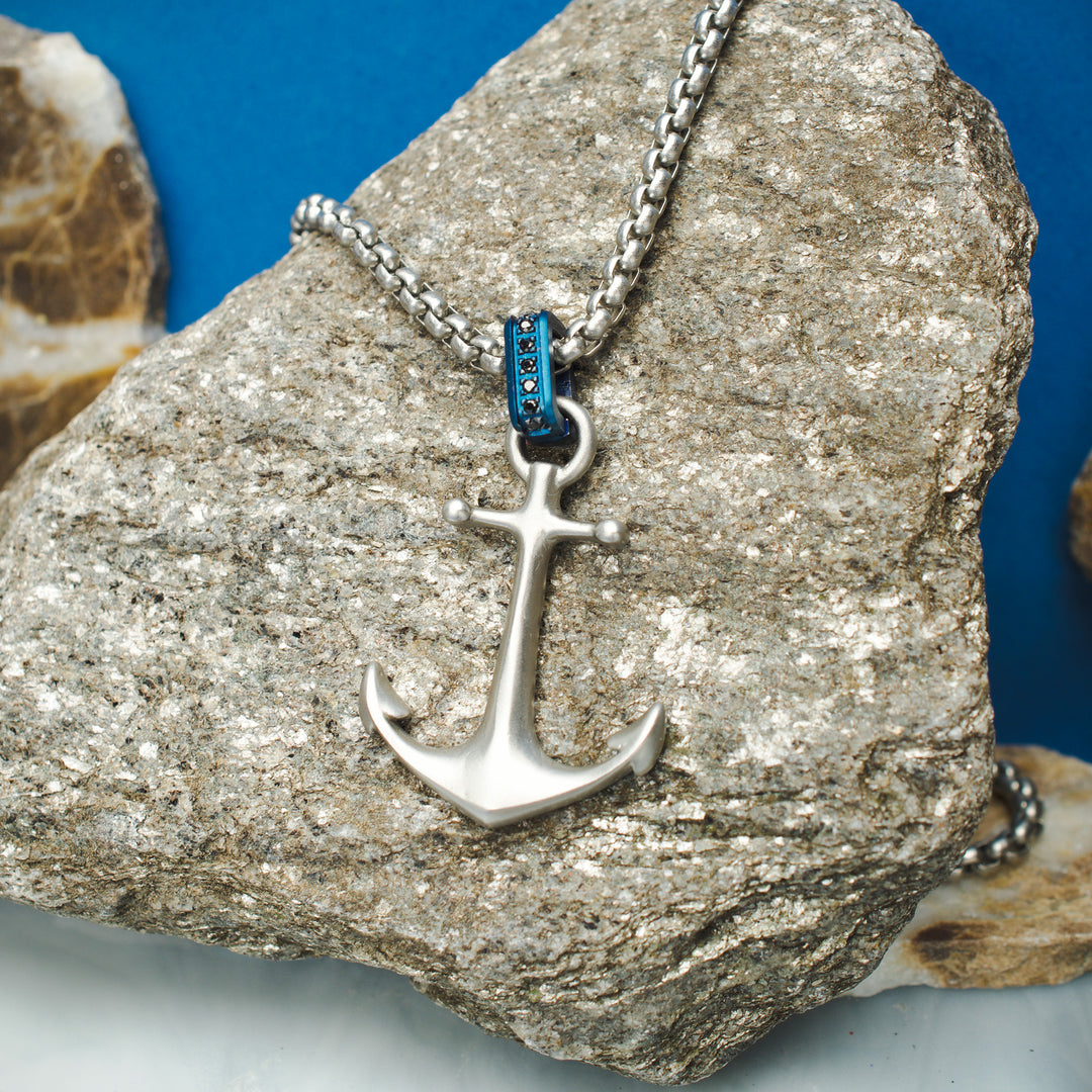 OCEAN STEED: Matte Finish Steel Blue Bail with Black Sapphire Anchor Pendant