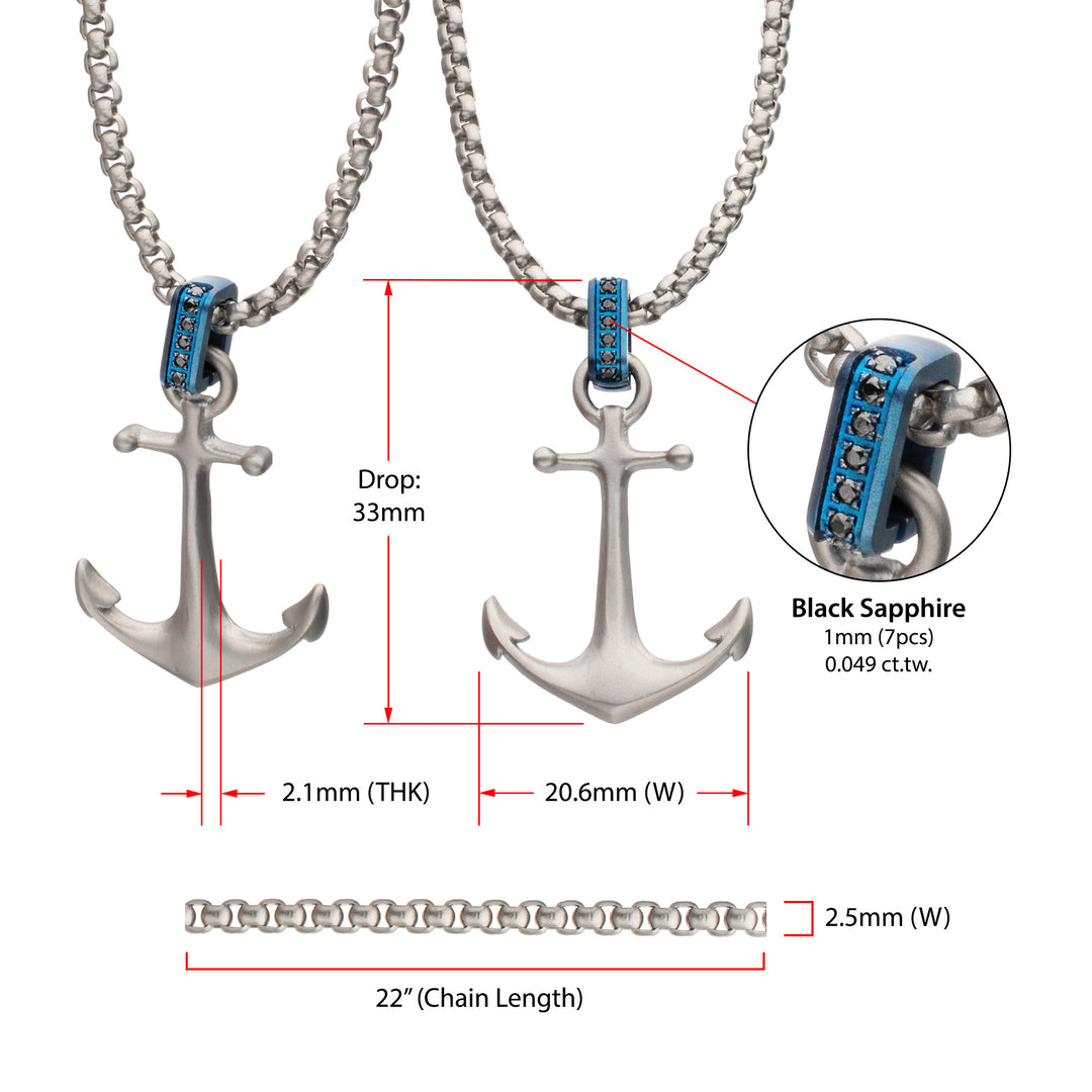 OCEAN STEED: Matte Finish Steel Blue Bail with Black Sapphire Anchor Pendant