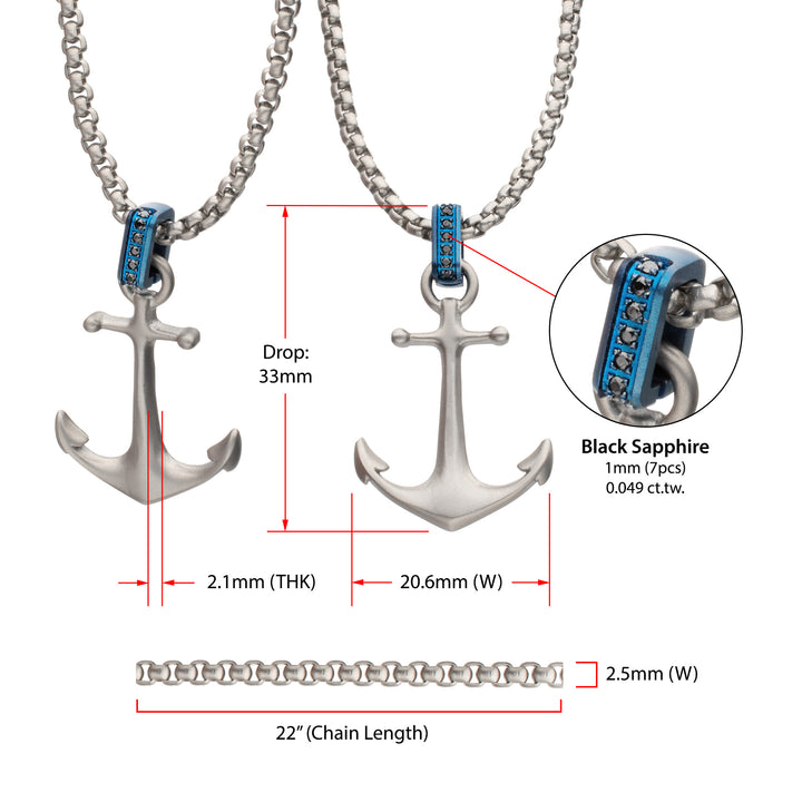 OCEAN STEED: Matte Finish Steel Blue Bail with Black Sapphire Anchor Pendant