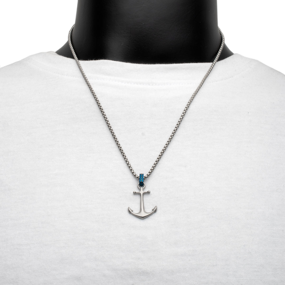 OCEAN STEED: Matte Finish Steel Blue Bail with Black Sapphire Anchor Pendant