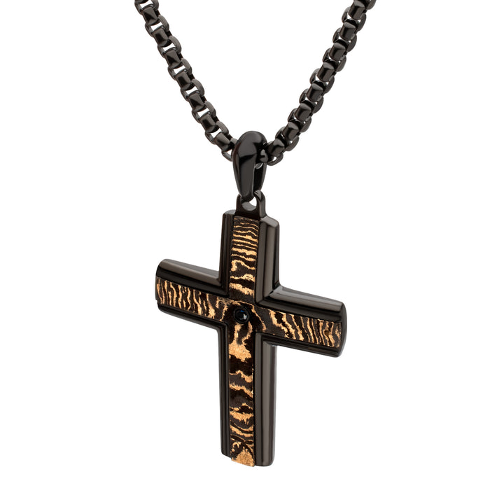 Black IP Solid Copper Carbon Cross Pendant with Black Sapphire & Box Chain