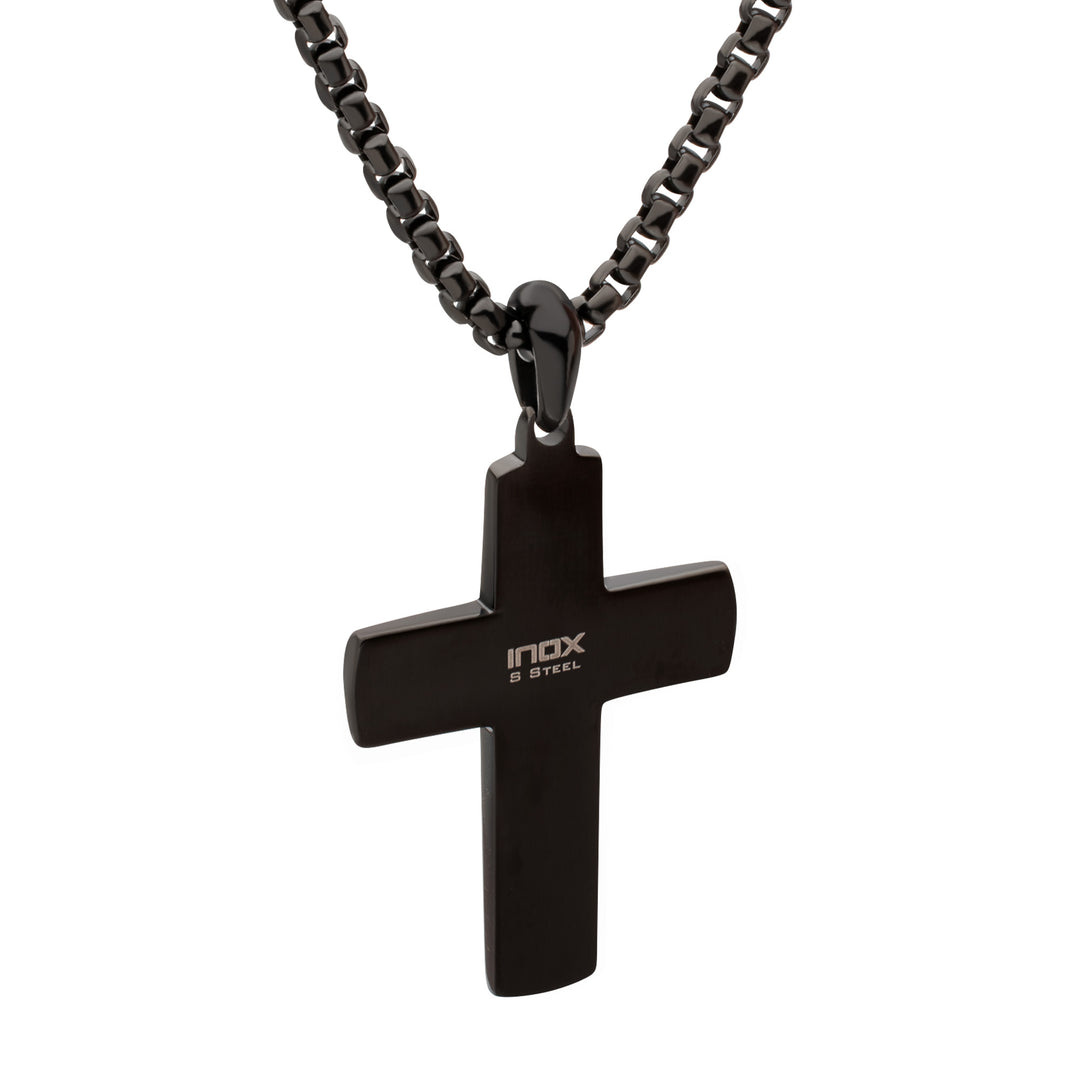 Black IP Solid Copper Carbon Cross Pendant with Black Sapphire & Box Chain