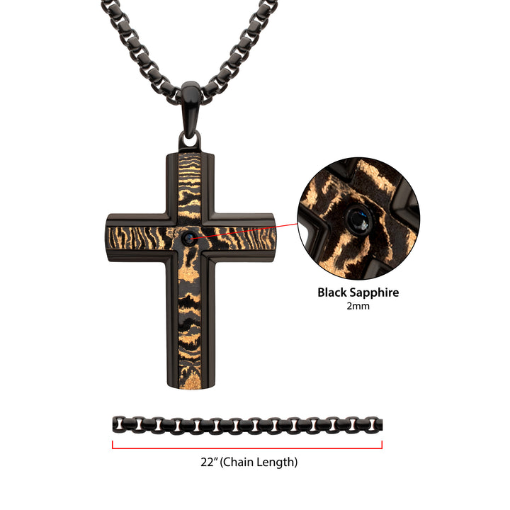 Black IP Solid Copper Carbon Cross Pendant with Black Sapphire & Box Chain