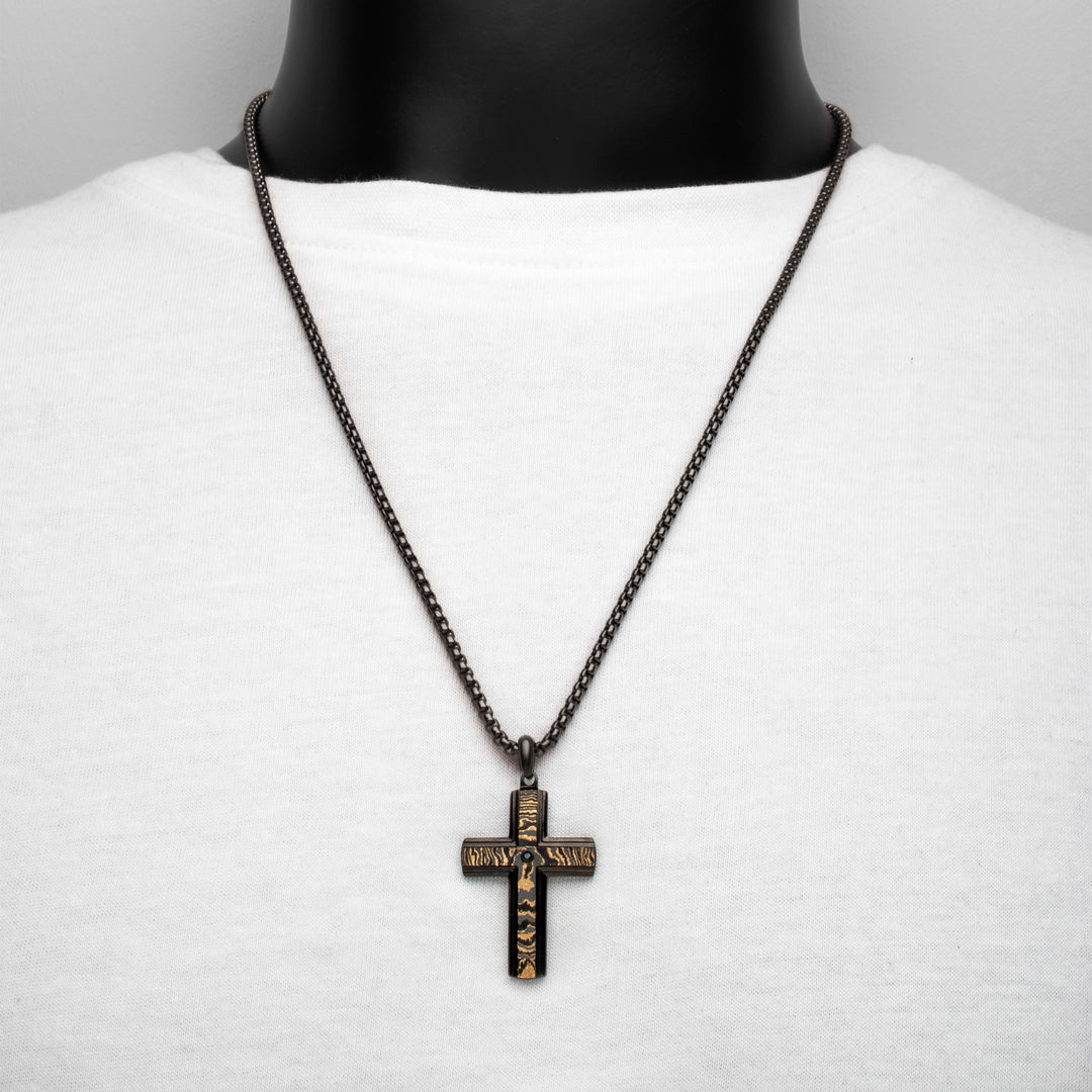 Black IP Solid Copper Carbon Cross Pendant with Black Sapphire & Box Chain