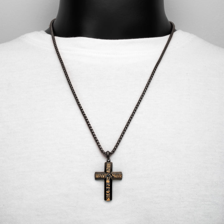 Black IP Solid Copper Carbon Cross Pendant with Black Sapphire & Box Chain