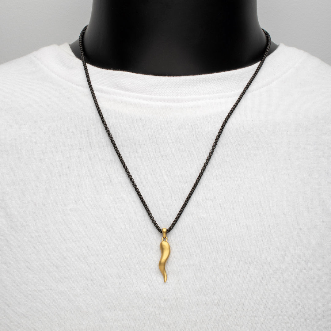 Matte 18Kt Gold IP Steel Italian Horn with Black IP Steel Box Chain