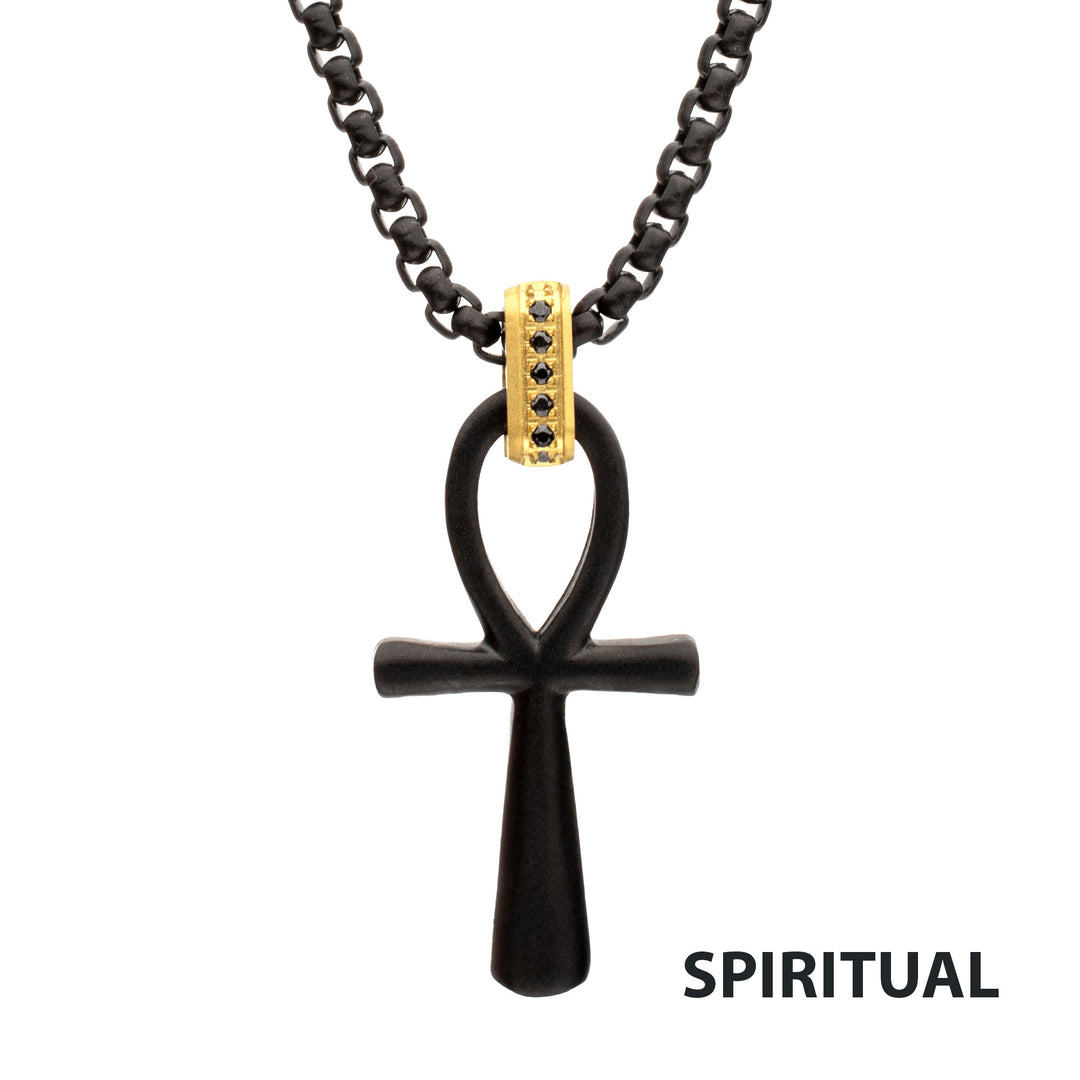 Matte Black IP Steel Ankh Symbol Pendant with CNC Set Black Sapphire Crown Link Bail & Black IP Steel Box Chain