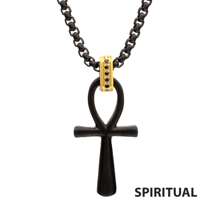 Matte Black IP Steel Ankh Symbol Pendant with CNC Set Black Sapphire Crown Link Bail & Black IP Steel Box Chain