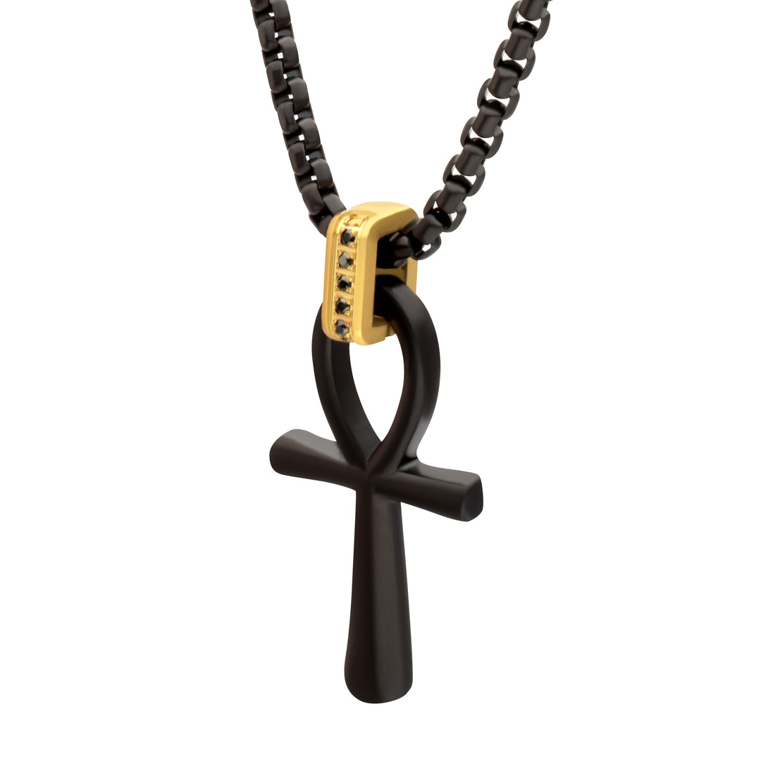 Matte Black IP Steel Ankh Symbol Pendant with CNC Set Black Sapphire Crown Link Bail & Black IP Steel Box Chain