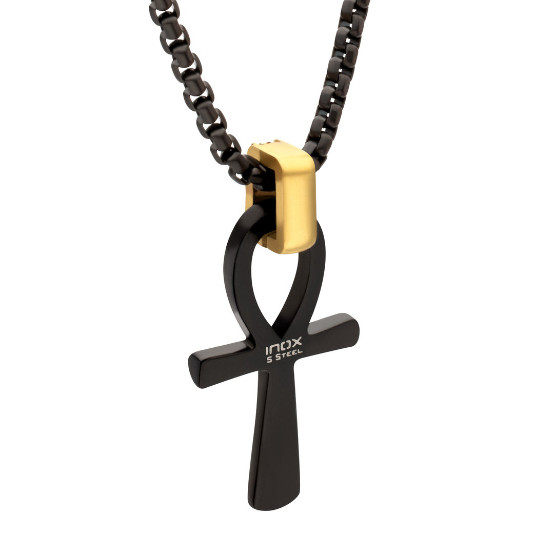 Matte Black IP Steel Ankh Symbol Pendant with CNC Set Black Sapphire Crown Link Bail & Black IP Steel Box Chain