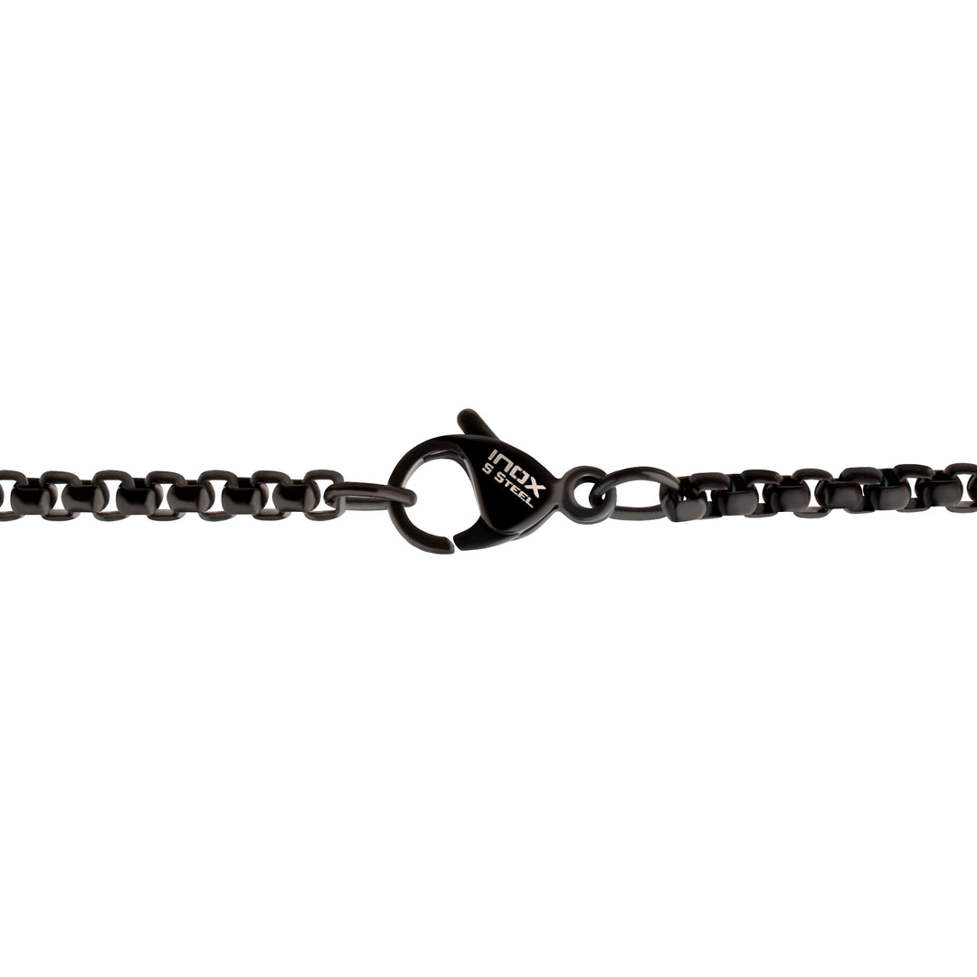 Matte Black IP Steel Ankh Symbol Pendant with CNC Set Black Sapphire Crown Link Bail & Black IP Steel Box Chain