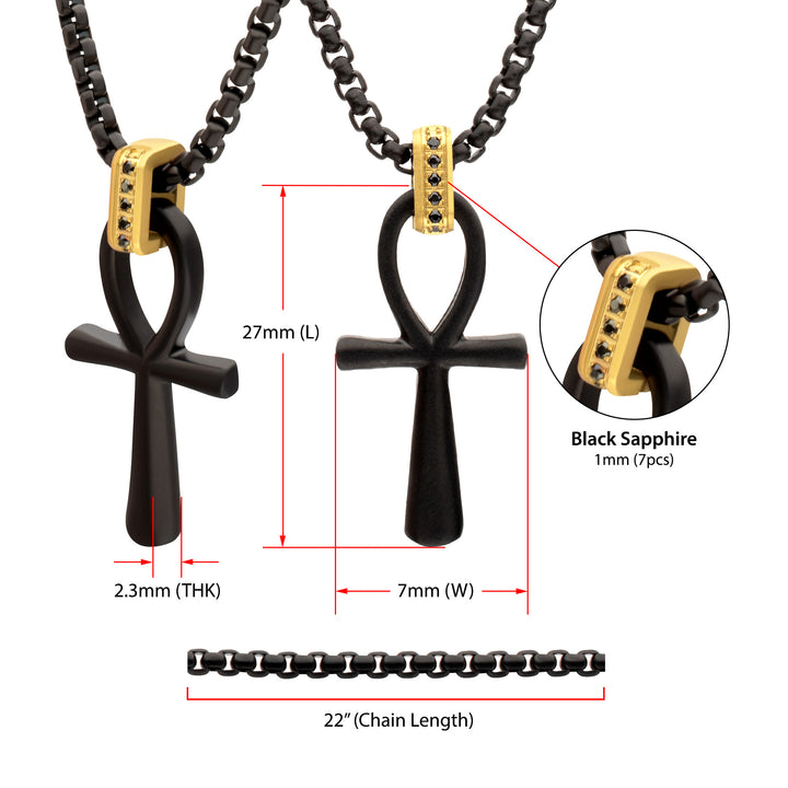 Matte Black IP Steel Ankh Symbol Pendant with CNC Set Black Sapphire Crown Link Bail & Black IP Steel Box Chain
