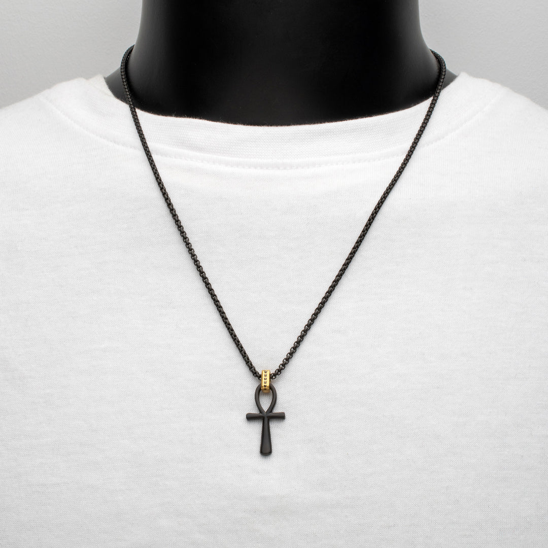 Matte Black IP Steel Ankh Symbol Pendant with CNC Set Black Sapphire Crown Link Bail & Black IP Steel Box Chain