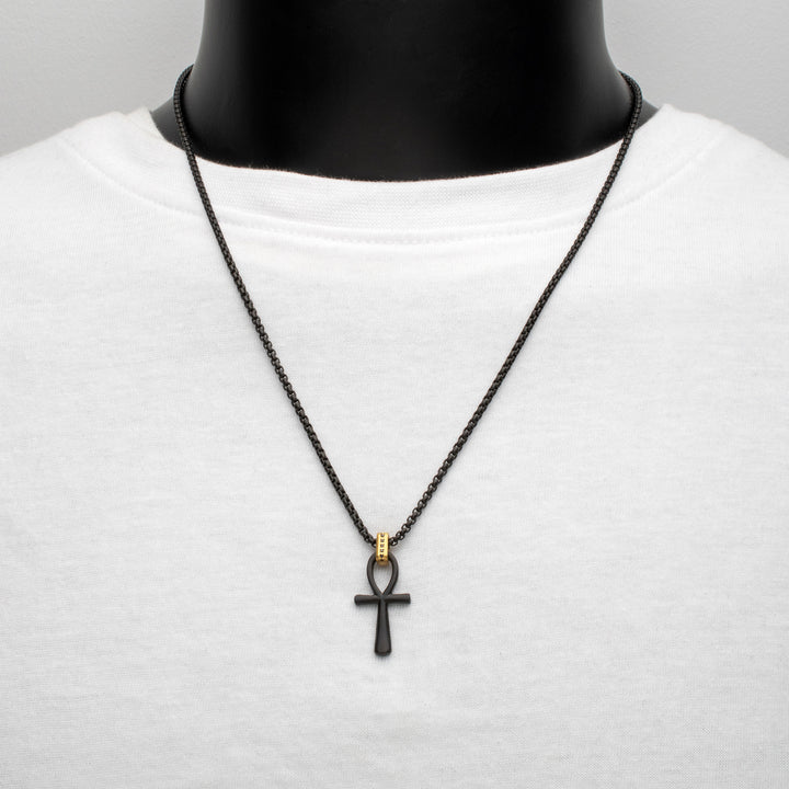 Matte Black IP Steel Ankh Symbol Pendant with CNC Set Black Sapphire Crown Link Bail & Black IP Steel Box Chain