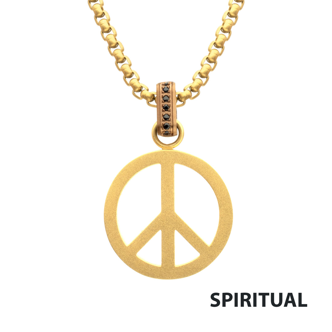 Matte 18Kt Gold IP Steel Peace Symbol Pendant with CNC Set Black Sapphire Crown Link Bail & Box Chain