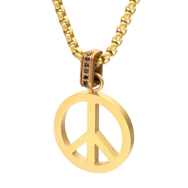 Matte 18Kt Gold IP Steel Peace Symbol Pendant with CNC Set Black Sapphire Crown Link Bail & Box Chain