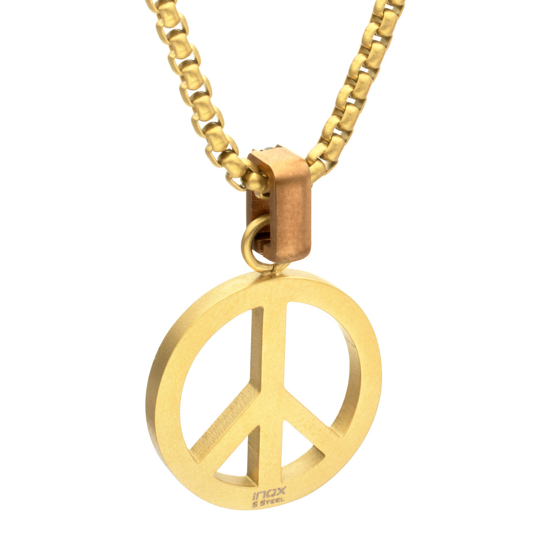 Matte 18Kt Gold IP Steel Peace Symbol Pendant with CNC Set Black Sapphire Crown Link Bail & Box Chain